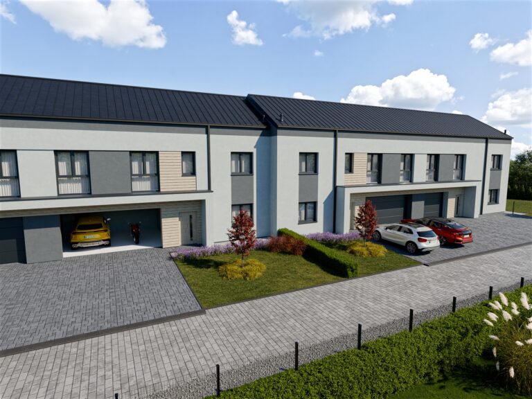 Elegancka architektura i podwójny garaż w bryle budynku. Kameralne, ogrodzone osiedle tuż pod Warszawą.