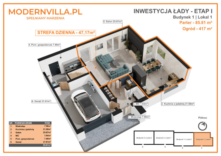 Ponad 40 m² przestrzeni dziennej – salon z jadalnią i kuchnią, gdzie toczy się życie rodzinne.