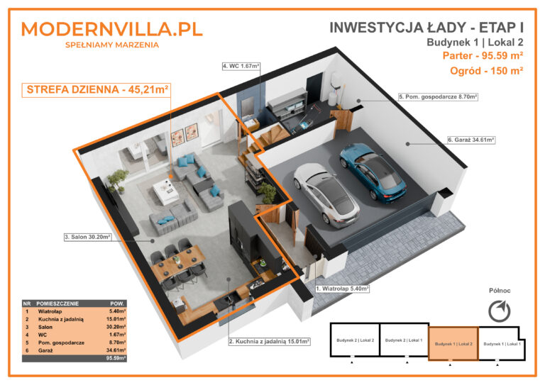 Parter, przestronny salon garaż dwumiejscowy